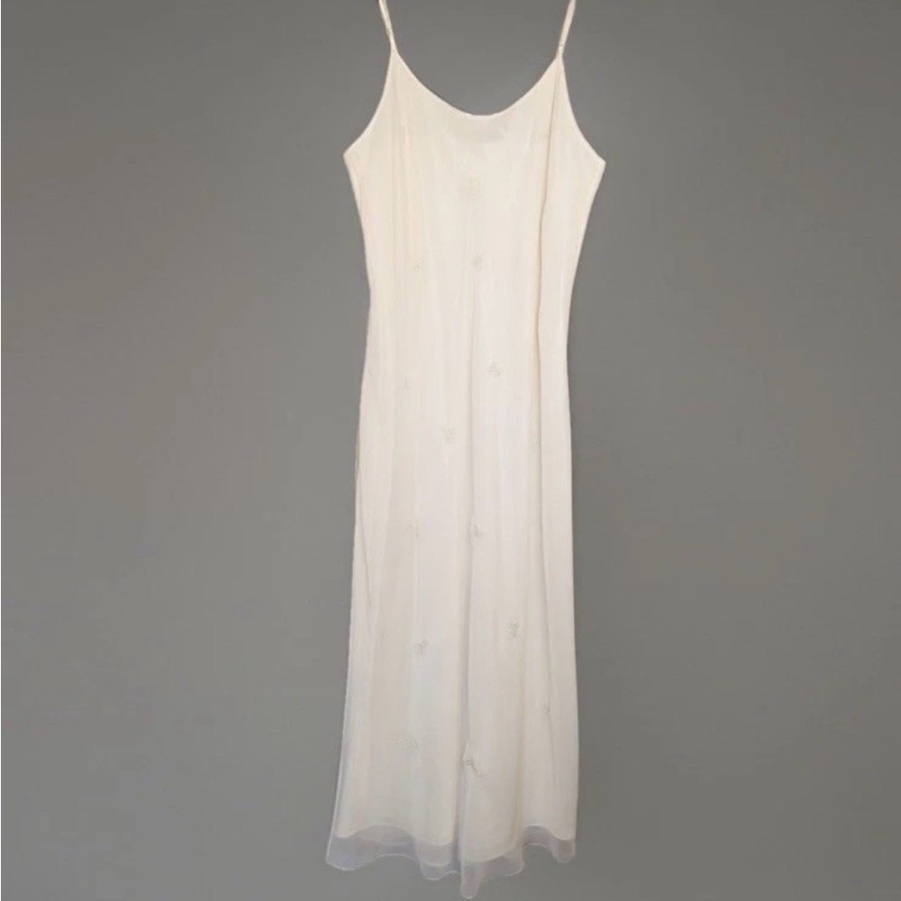 Vintage Valerie Stevens Intimates Sheer W/Slip Floral embroidered Satin Slits L